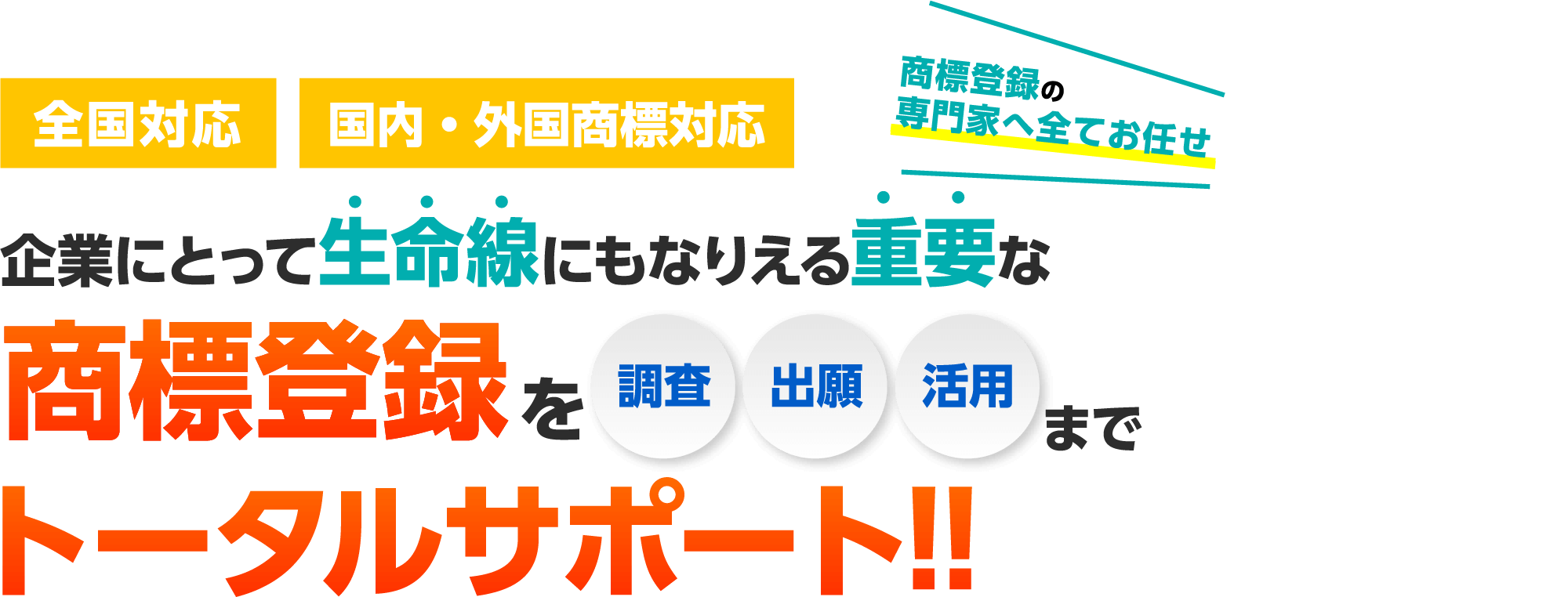 全国対応 国内・外国 商標対応企業にとって生命線にもなりえる重要な商標登録を調査出願活用までトータルサポート!!